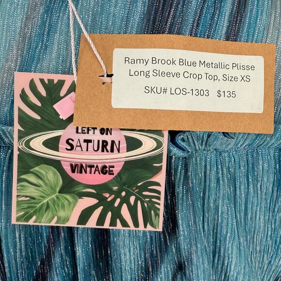 Ramy Brook Crop Top Blue Metallic Plisse Long Sleeve Blouse V-Neck, Designer XS - Picture 8 of 8